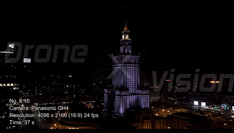 Ujęcia stockowe z drona na sprzedaż 4K - Pałac Kultury i Nauki w Warszawie nocą - część 2