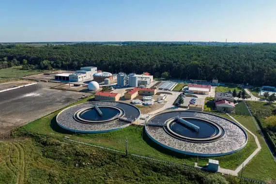 Oczyszczalnia ścieków w Jarocinie - zdjęcie z lotu ptaka po przebudowie